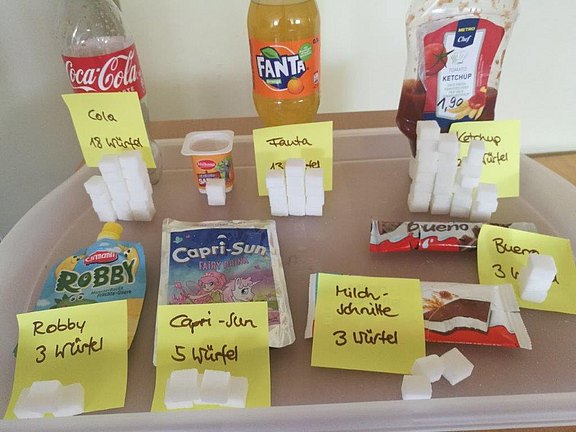 Man sieht verschiedene Lebensmittel und deren Zuckergehalt.
