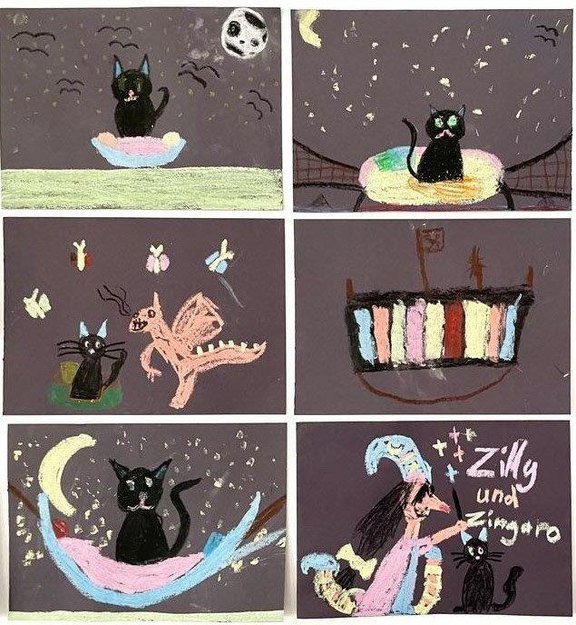 Auf sechs gemalten Bildern sind schwarze Katzen, Drachen und Hexen zu sehen