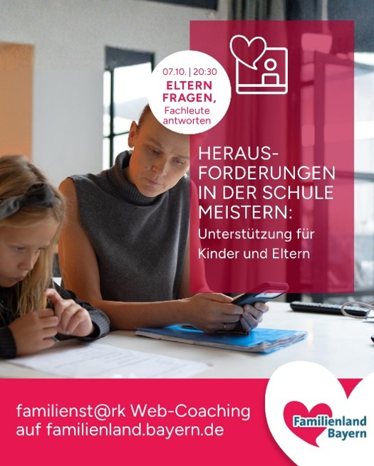 Das Bild zeigt eine Frau, die mit einem Kind an einem Schreibtisch lernt. Auf dem Bild wird für eine Online-Veranstaltung geworben. Der Titel lautet 